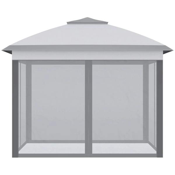 Grey double-roof pop-up gazebo with mesh sidewalls, open front view