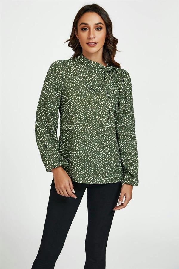 FS Collection Floral Print Side Tie Blouse Top In Olive