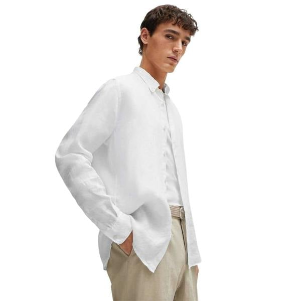 Boss Mens Liam Linen Button-Down Shirt - White - 