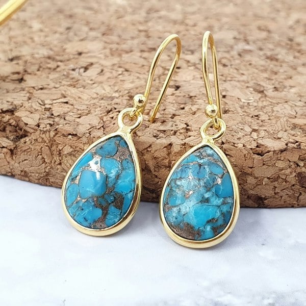 Blue Turquoise Gold Plated Teardrop Hook Earrings