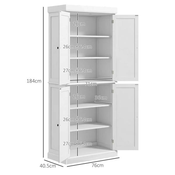 White freestanding cabinet with open shelves and doors, with size dimensions shown