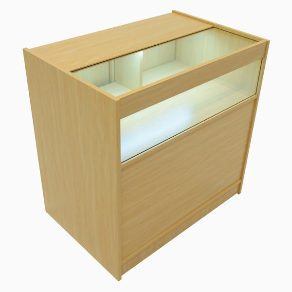 Triton LED shop counter set in maple finish, featuring a glass display top, sleek design, and built-in lighting for showcasing products