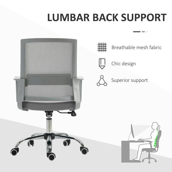 Grey mesh office chair featuring lumbar back support and padded seat on caster base