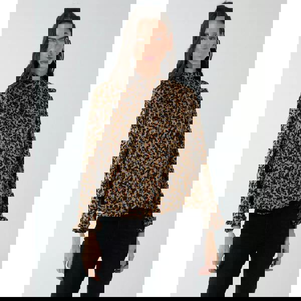 Blue Vanilla High Neck Leopard Print Satin Blouson Top