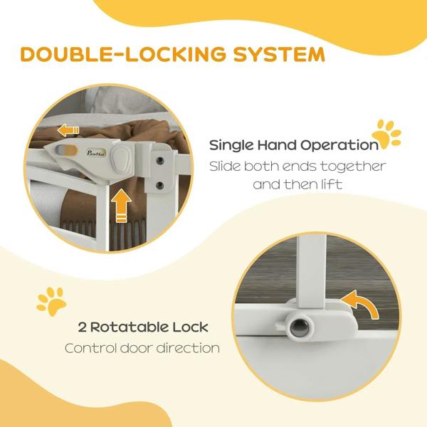 White pressure-fit dog gate with small cat door featuring double-locking system