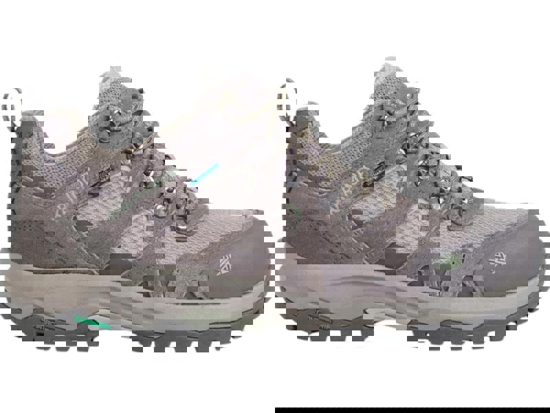 Karrimor Bodmin Low 6 Womens Waterproof Hiking Walking Trainers, beige outdoor footwear with mesh and suede overlays, rugged sole, and lace-up design.