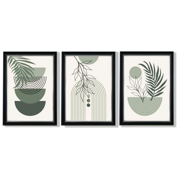Set of 3 Mid Century Modern Green Floral Framed Art Prints with Vermeer Black and Silver Frames