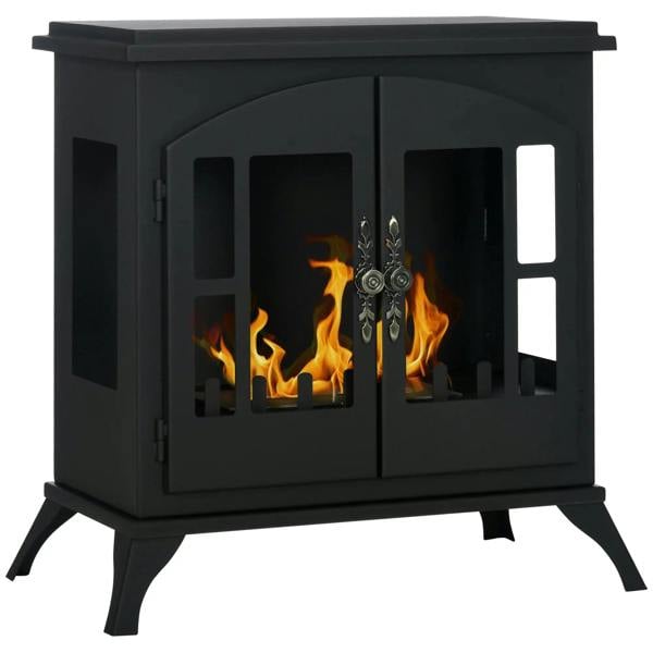 Black freestanding bioethanol stove with twin glass doors and decorative flame