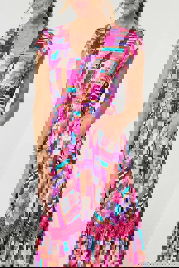 Pink | Geo Print Cap Sleeve Shirred Midi Dress