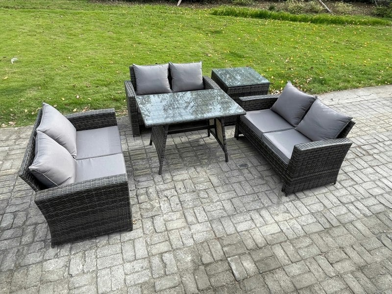 Fimous 6 Seater Rattan Wicker Garden Furniture Patio Conservatory Sofa Set with Rectangular Dining Table Love Seat Sofa Side Table