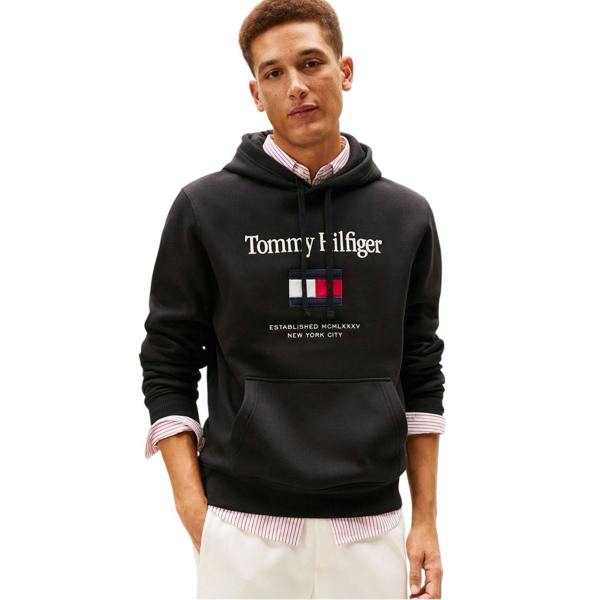 Tommy Hilfiger Mens Embroidered Relaxed Fit Pullover Hoodie - Black - 