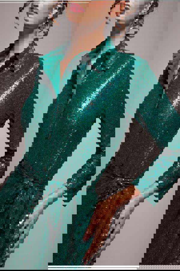Sequin Skater Shirt Dress - Emerald Green DR4061