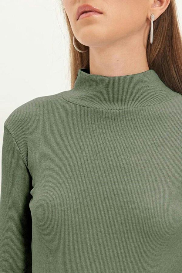 WOVCOR Fitted Stand Collar Long Sleeve Ribbed Knit Blouse