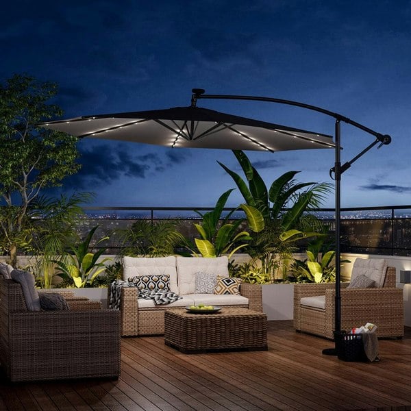 Beige/Light Grey/Dark Grey 3m Iron Banana Umbrella Cantilever Garden Parasols with LED Lights Parasols Living and Home