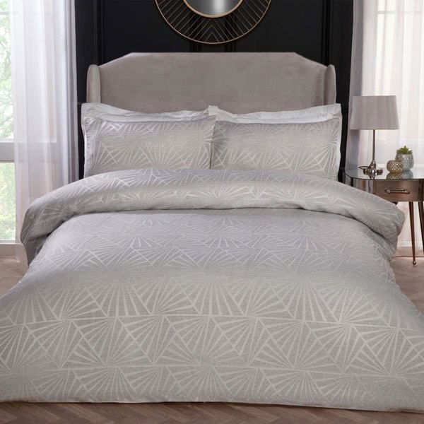 Smart Living Luxury Hotel Quality Lurex Jacquard Geometric Deco Duvet Cover with Pillowcases - Natural