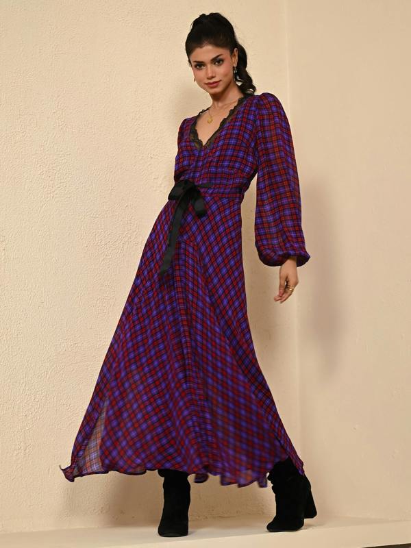 Rose & Nancy Chloe Check Lace Trim Tie Waist Maxi Dress