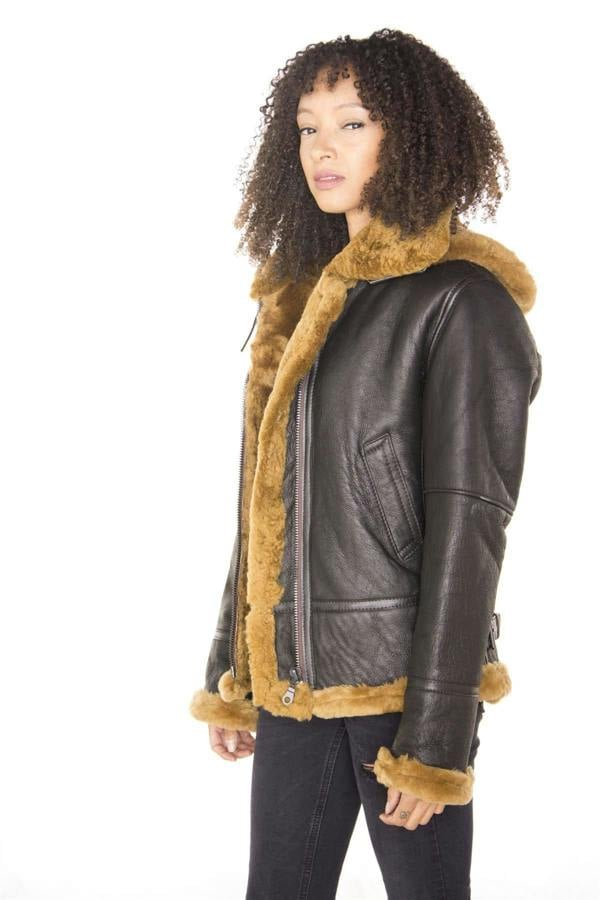 Infinity Leather Womens Hooded Sheepskin Flying Leather Jacket-Orford
