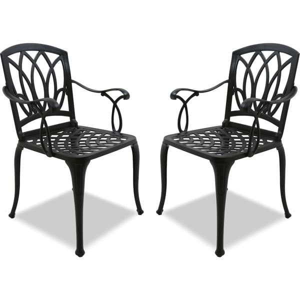 Homeology POSITANO 2-Large Garden and Patio Bistro Chairs with Armrests in Cast Aluminium Black