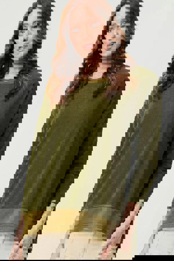 Khaki | Contrast Hem Relaxed 3/4 Sleeve Jumper
