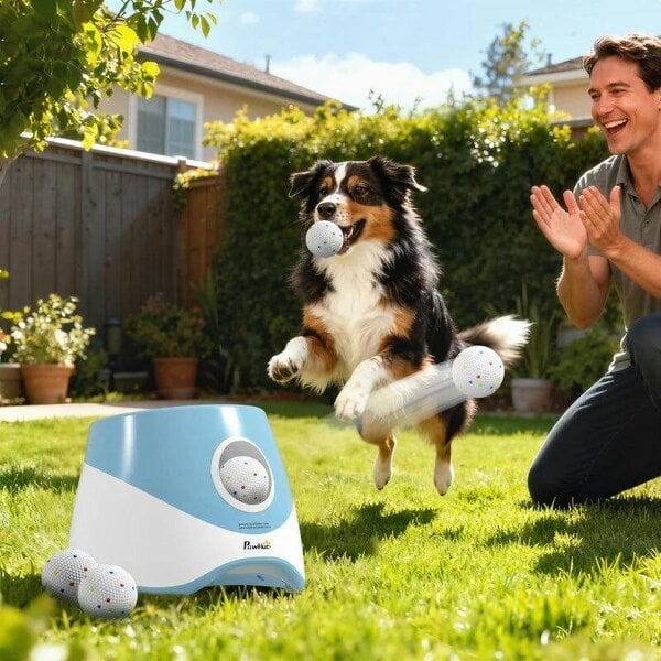 Automatic Dog Ball Launcher with 5 ETPU Balls 5.8 cm, 3 Distance Settings 6/10/14 m, Blue - Blue