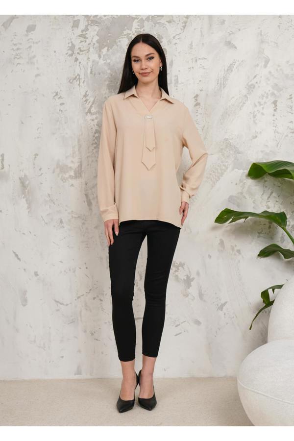 Hoxton Gal Relaxed Fit Long Sleeve Blouse with Tie Detail in Beige