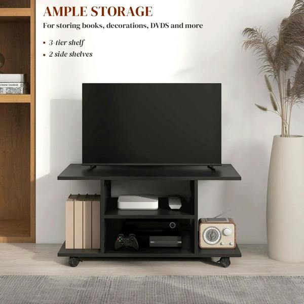 Black TV console with wide top and two side shelves for books and media