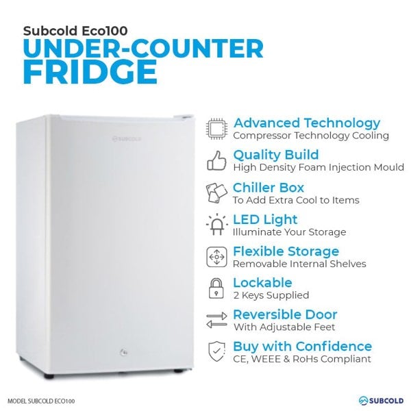 Subcold Eco white 100 litre undercounter fridge features infographic