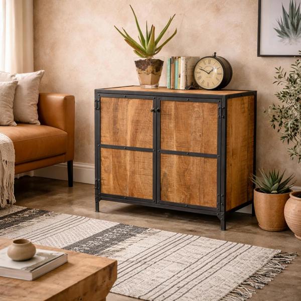 Wyld Haus Oulu Small Industrial Reclaimed Wood and Metal Vintage Sideboard 2 Doors