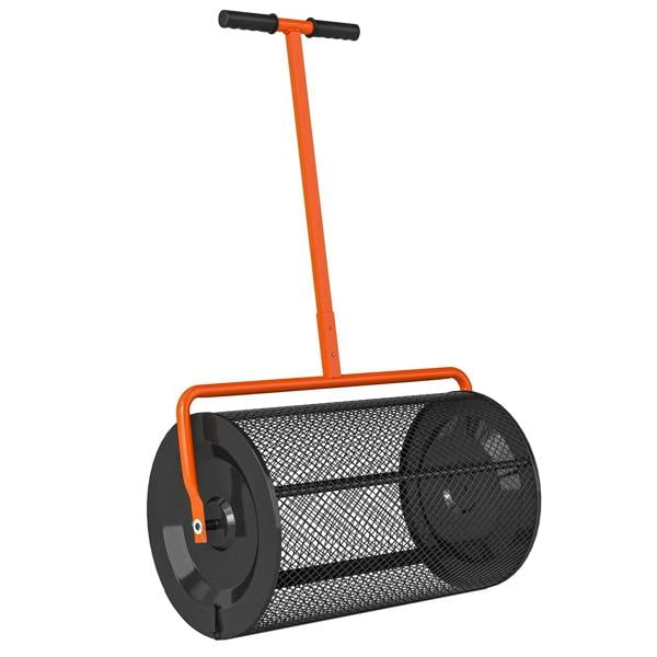 Orange compost spreader with adjustable T-handle and black metal mesh basket