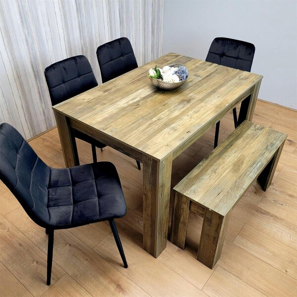 Kosy Koala Modern Rustic Effect Dining Table Set with 4 Black Velvet Chairs and Bench - Kitchen Dining Furniture