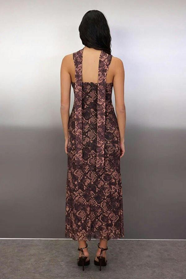 WOVCOR Animal Knit Tulle Maxi Evening Dress with Shawl Detail