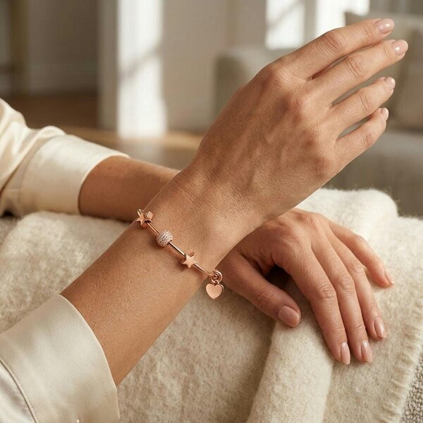 The Colourful Aura Rose Gold Plated Brass Star Heart Charm Adjustable Bangle Bracelet