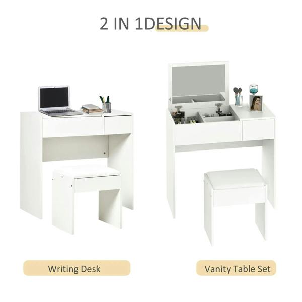 White vanity table set with flip-up mirror and cushioned stool, 2-in-1 design