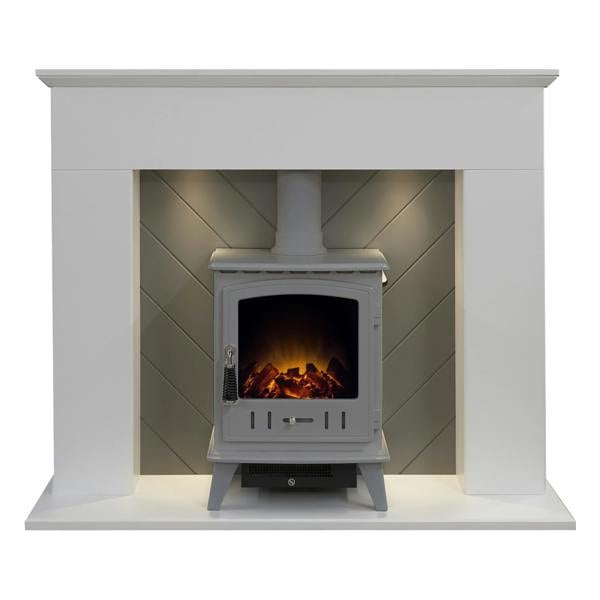 Adam Corinth Stove Fireplace in White & Grey with Downlights & Adam Aviemore Electric Stove in Grey Enamel, 48 Inch