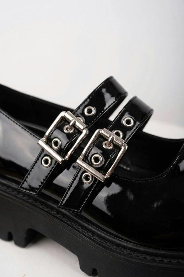Saoirse Patent Double Buckle Chunky Shoes - Black