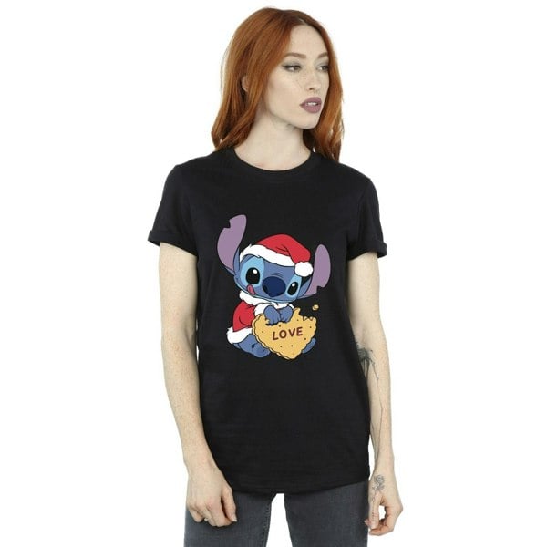 Disney Womens/Ladies Lilo And Stitch Christmas Love Biscuit Cotton Boyfriend T-Shirt - Black