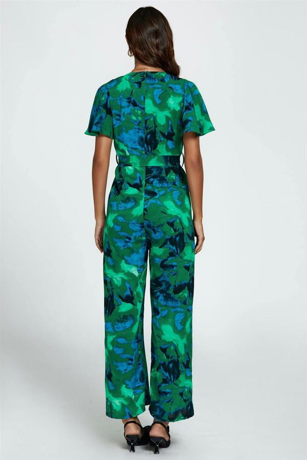 FS Collection Abstract Print Wrap Top Jumpsuit In Green
