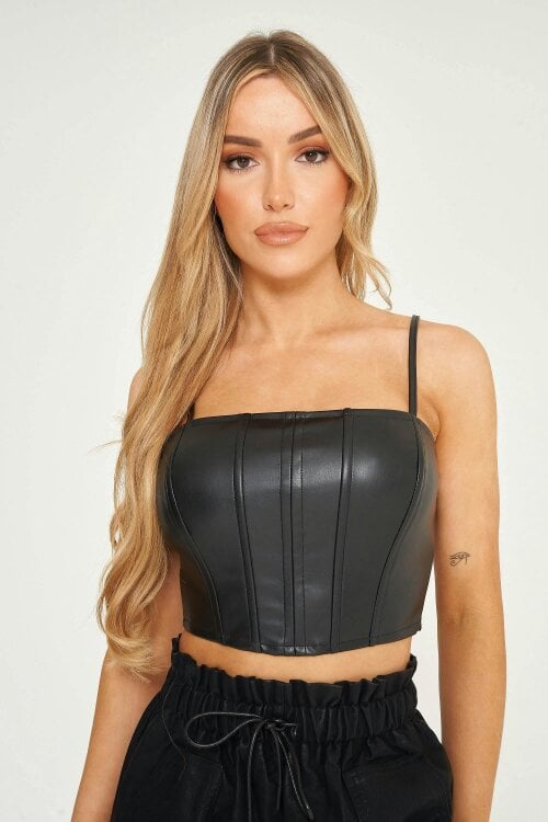 Elaina Fashion Women's Black Faux PU Leather Strap Corset Style Crop Top
