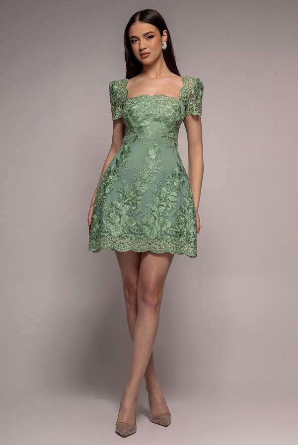 Scallop Edge Corset Back Structured Lace Mini Dress - Sage Green DR4966