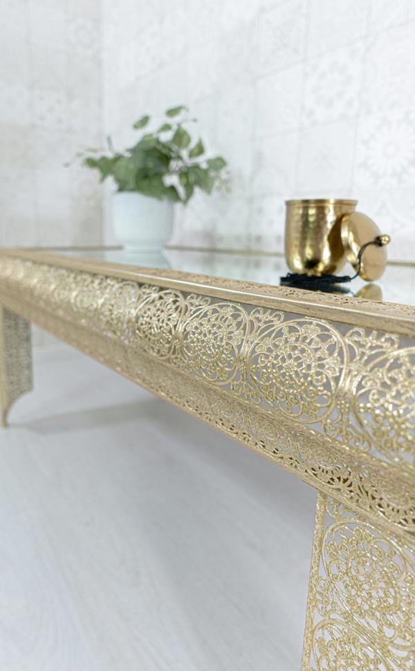 Downton Interiors Light Gold Embossed Metal Mirrored Glass Coffee Table - Agadir Range