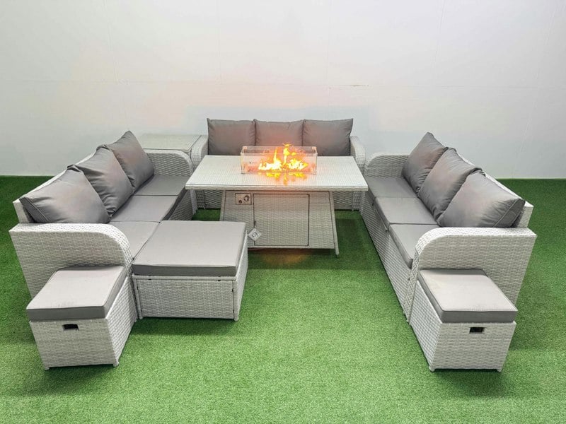 Fimous PE Rattan Lounge Sofa Set 12 Seater Outdoor Garden Furniture Set with Fire Pit Dining Table 3 Seater Sofa 3 Stools Side Table Light Grey