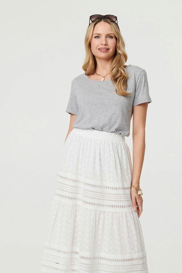 White | Lace Trim High Waist Tiered Maxi Skirt
