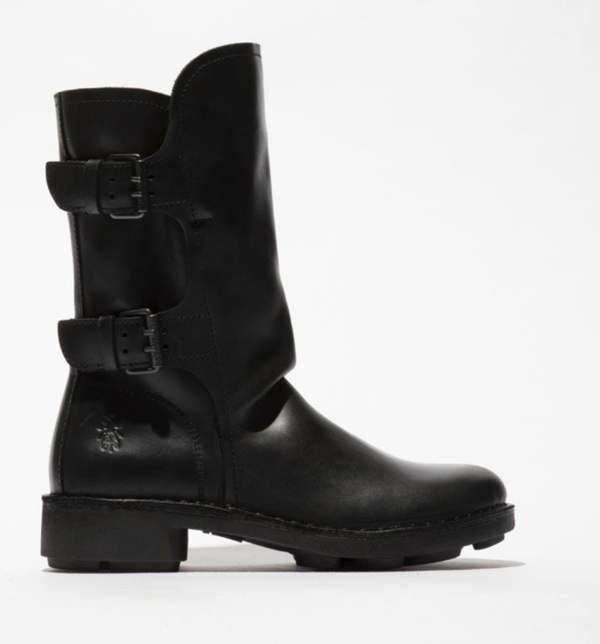 FLY London NACH Womens Zip Up Chelsea Dealer Mid Ankle Boots, black leather boots with two buckle straps and a low heel.