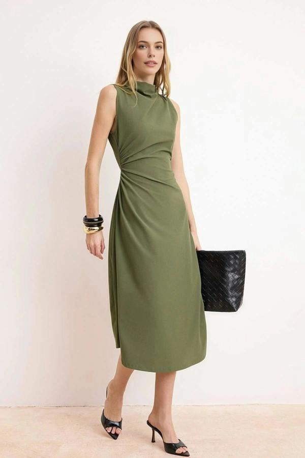 WOVCOR A-Line Asymmetrical Sleeveless Ruched Midi Dress