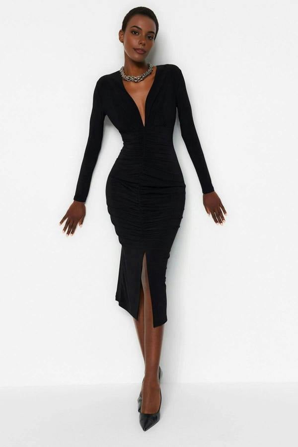 WOVCOR Draped V-Neck Midi Knit Pencil Dress