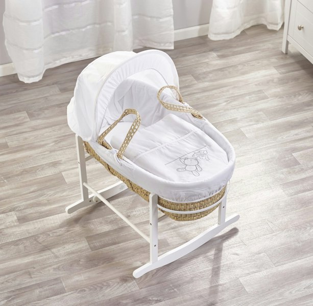 Kinder Valley White Teddy Wash Day Palm Moses Basket with Rocking Stand White