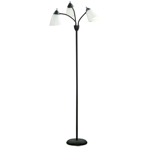 Black tree floor lamp with three adjustable rotating light heads and white drum shades