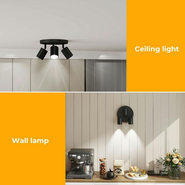 EMITTO 3-Way Spotlight Ceiling Light Adjustable GU10 Modern Black Round Base