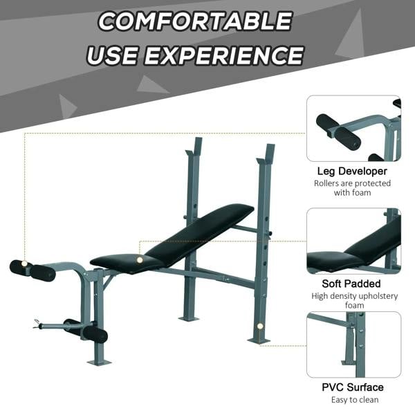 Adjustable weight bench with black padded seat, leg rollers, and reinforced frame