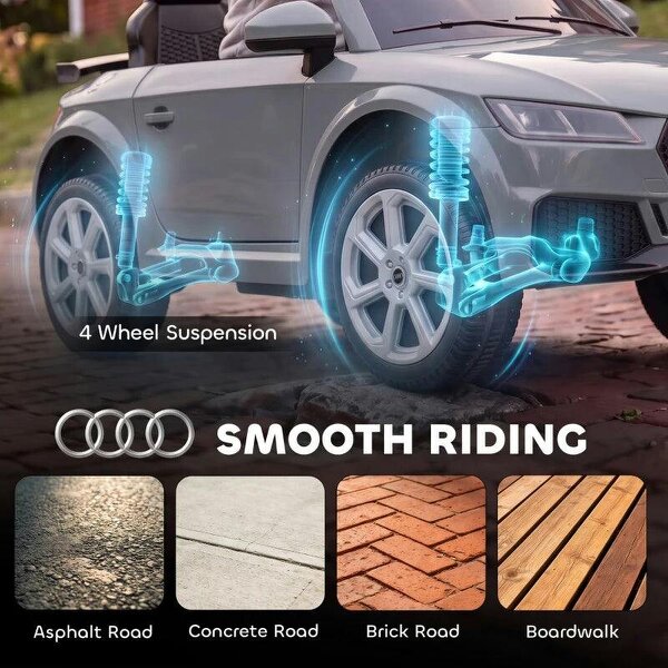 12V Audi TT RS Licensed Electric Car, Electric Ride On Toy with Remote Control, Dual Motors, 4-Wheel Suspension, Grey